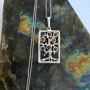Sterling Silver 925 Multicolored Baltic Amber Tree Of Life Pendant Necklace 18"